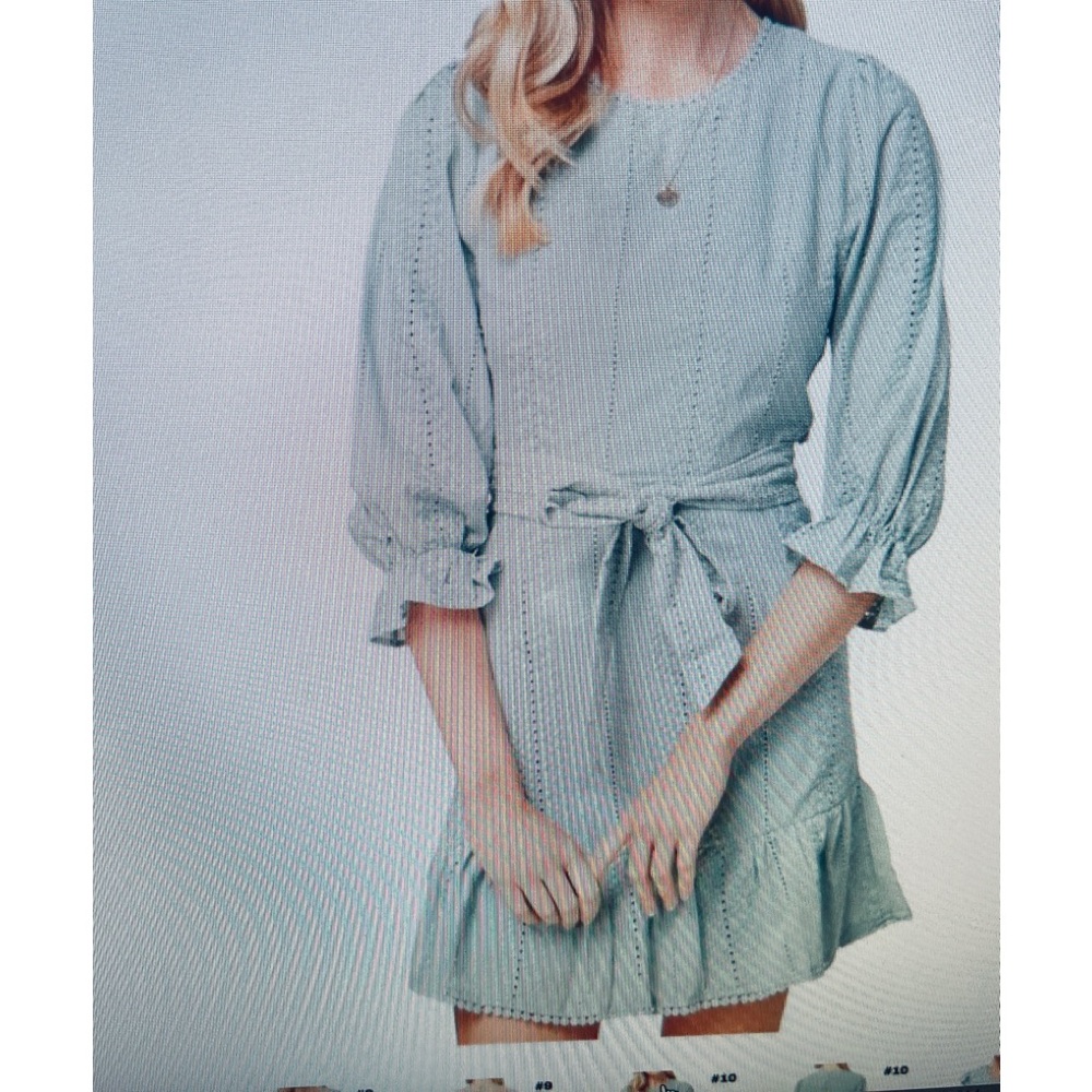 Eyelet Backless Mini Dress w/ round neckline and puff sleeves. Teal color - Picture 2 of 8